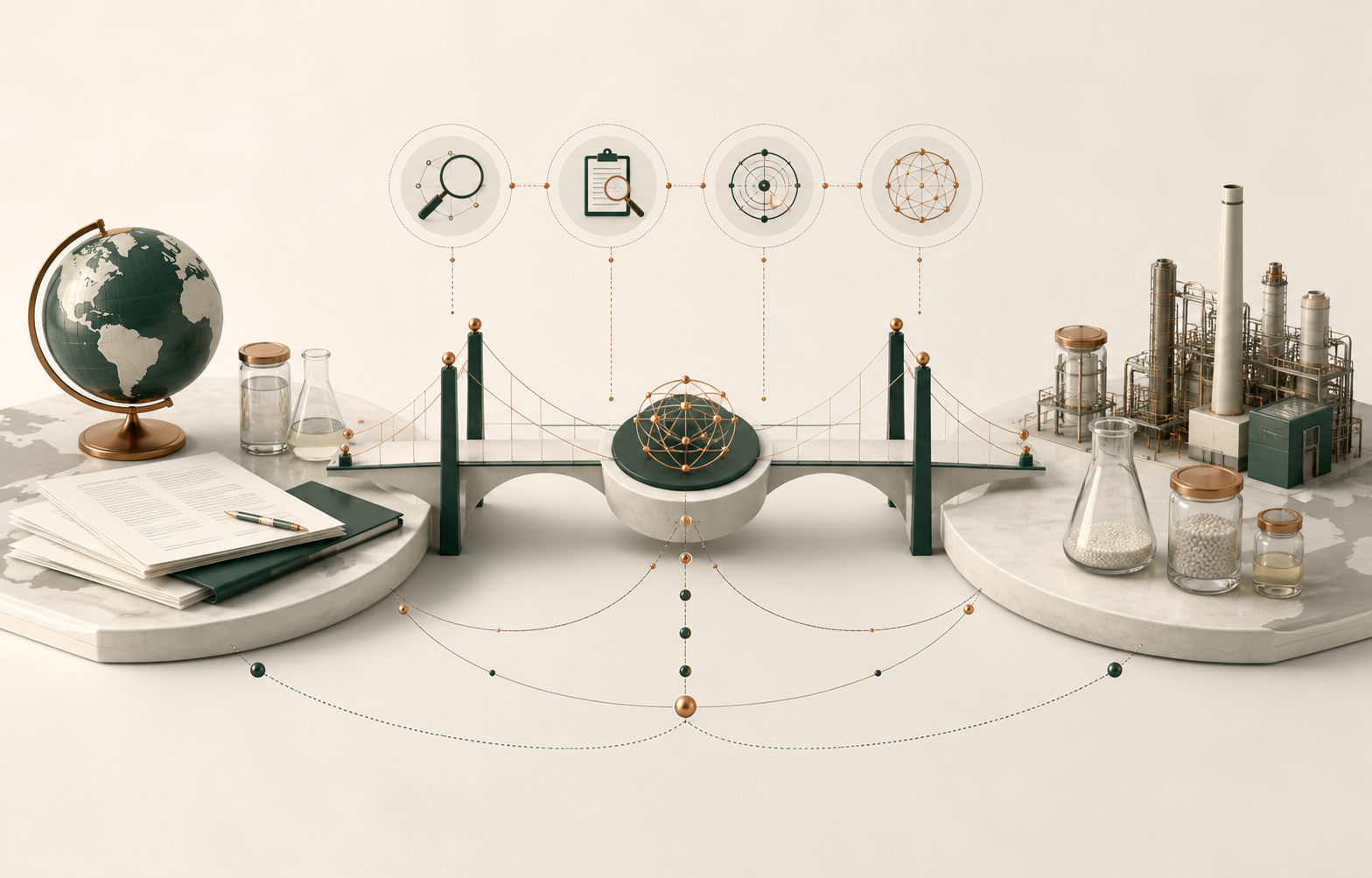 Abstract sourcing decision bridge connecting requirement clarity, feasibility review, supplier fit and China-side coordination