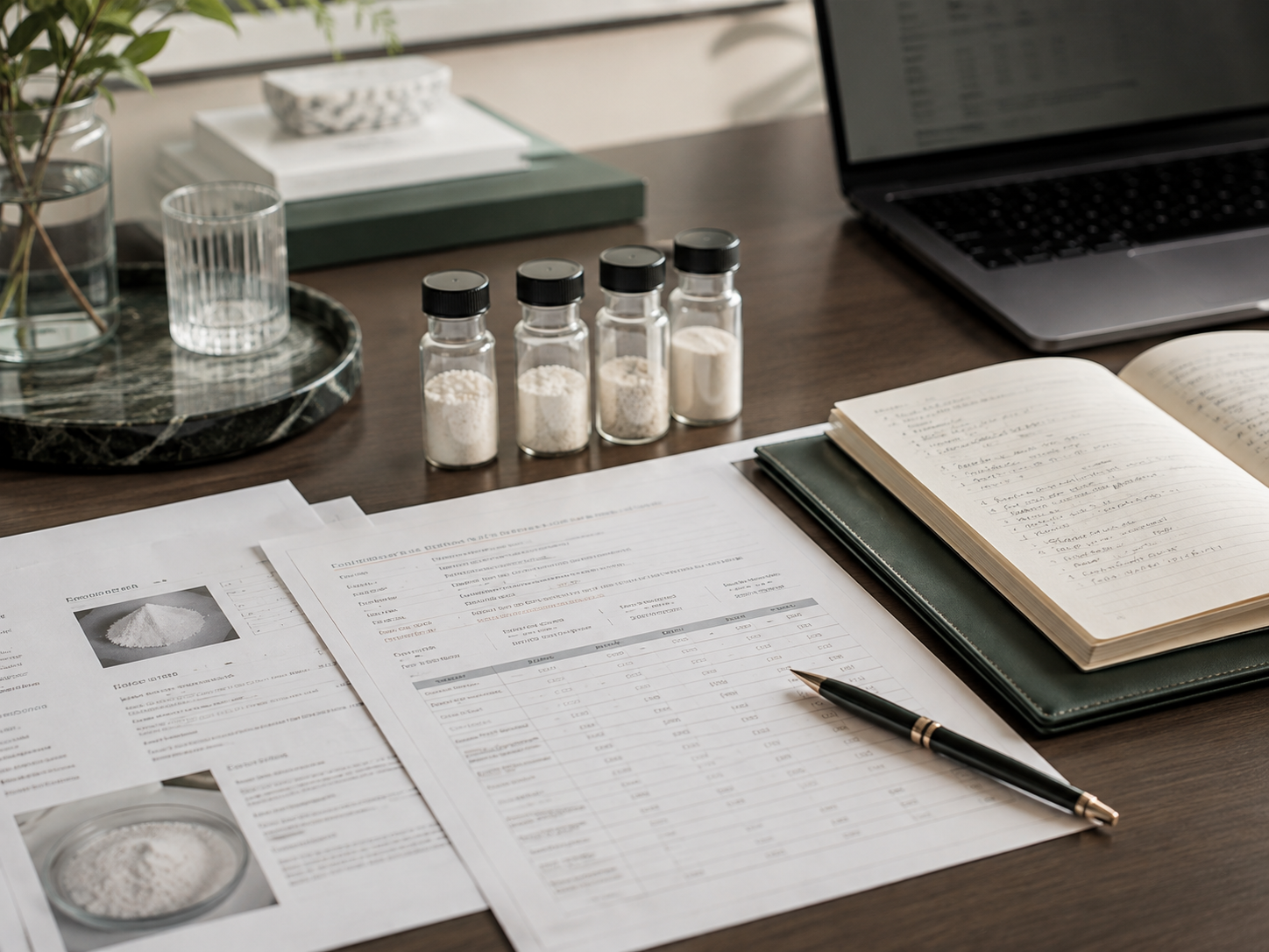 Sample jars, product documents and notes arranged for chemical sourcing review
