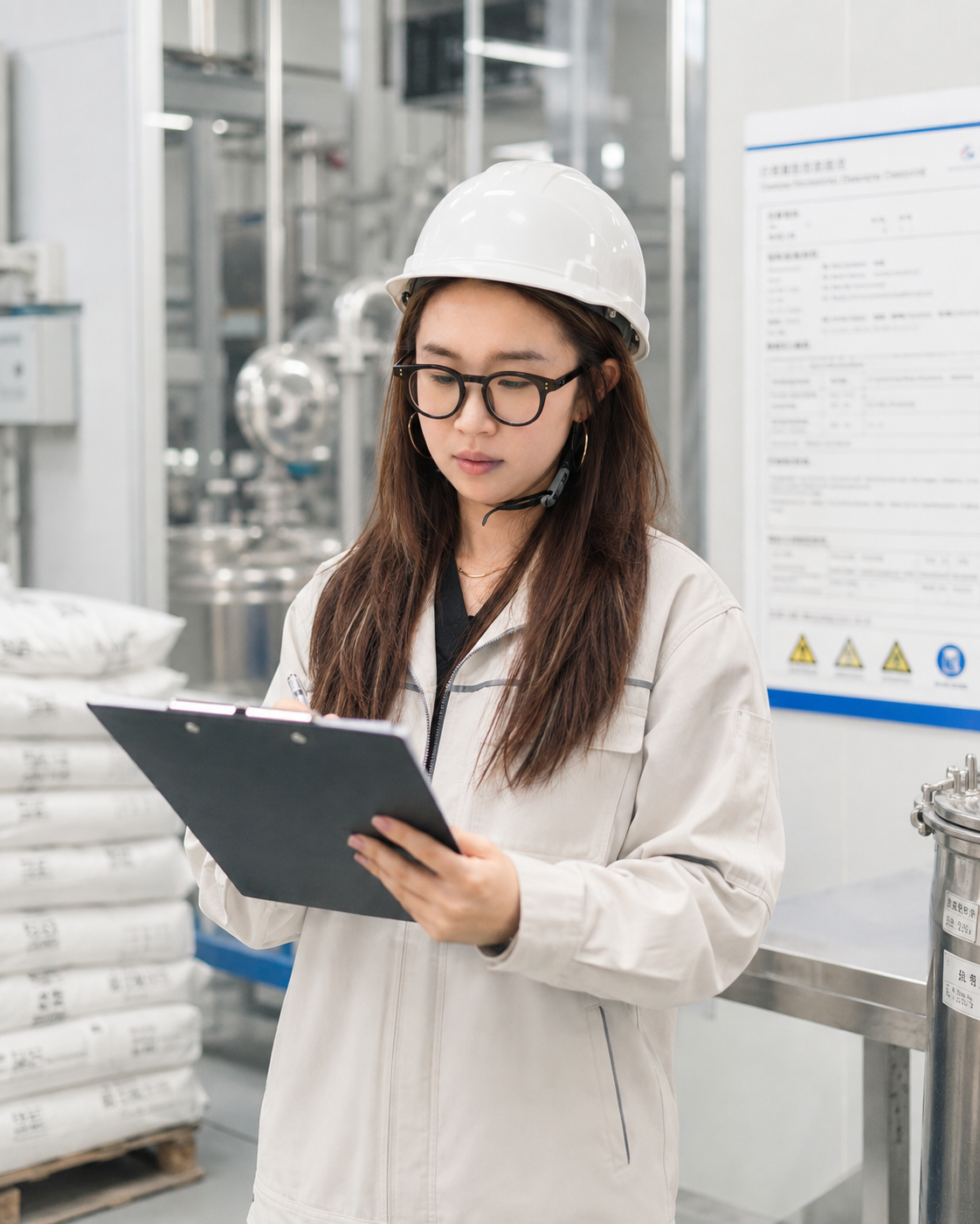 Founder in a Chinese industrial quality inspection setting reviewing samples with a clipboard